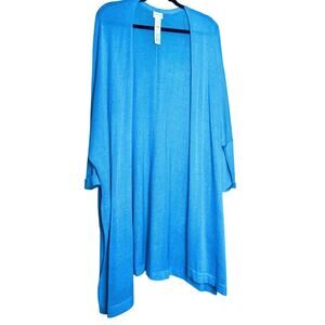 Chico’s Sz 2 (L 12) Stitch Detail Teal Blue Open Front Duster Mid Length